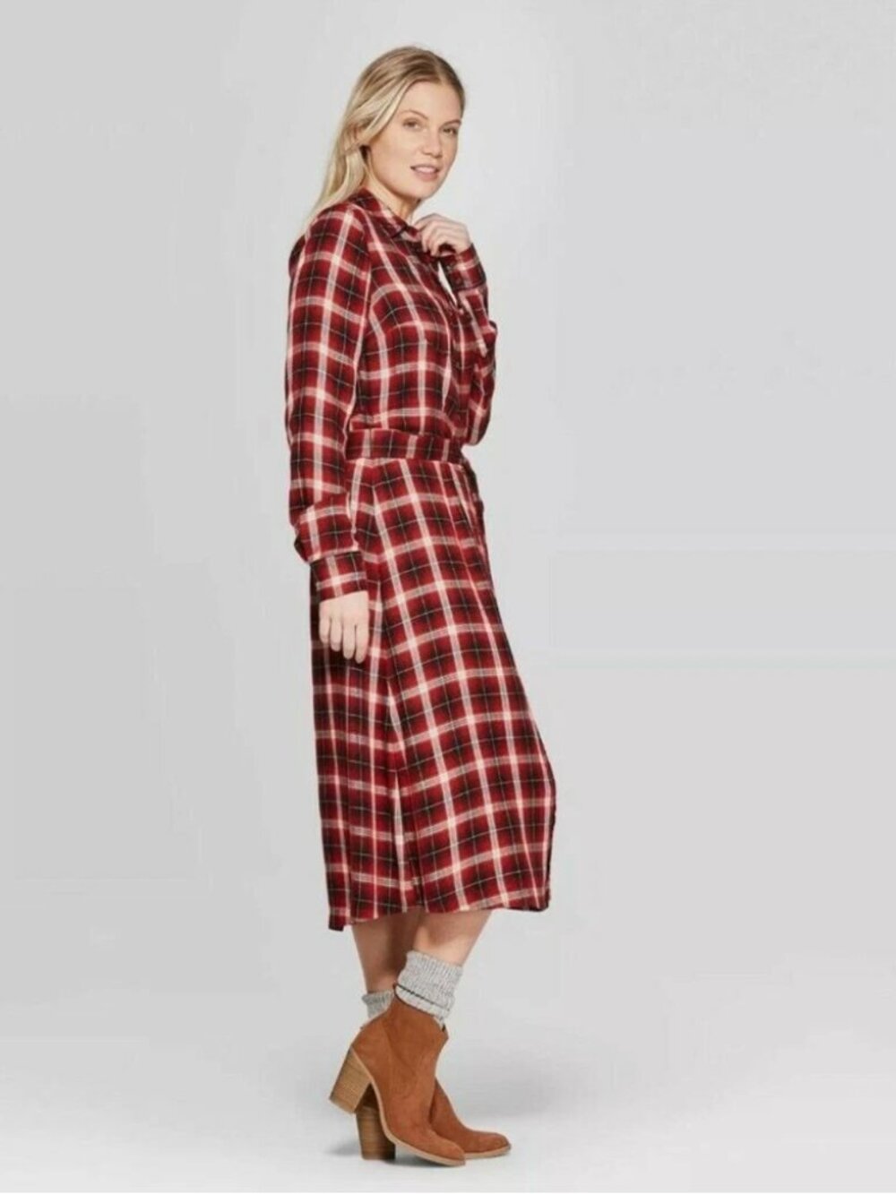 Universal Thread Red Plaid Midi Shirt Dress *missing belt